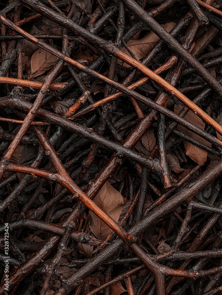 Poster close-up of a pile of twigs and leaves. the twigs are arranged in a random pattern, with some overla