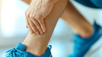 Side view male athlete wearing blue sneakers sitting crouched left hand holding injured left ankle after exercise accident check health clinic hospital