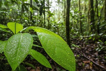 Dew-Covered Green Rainforest Leaves Display Texture and Depth