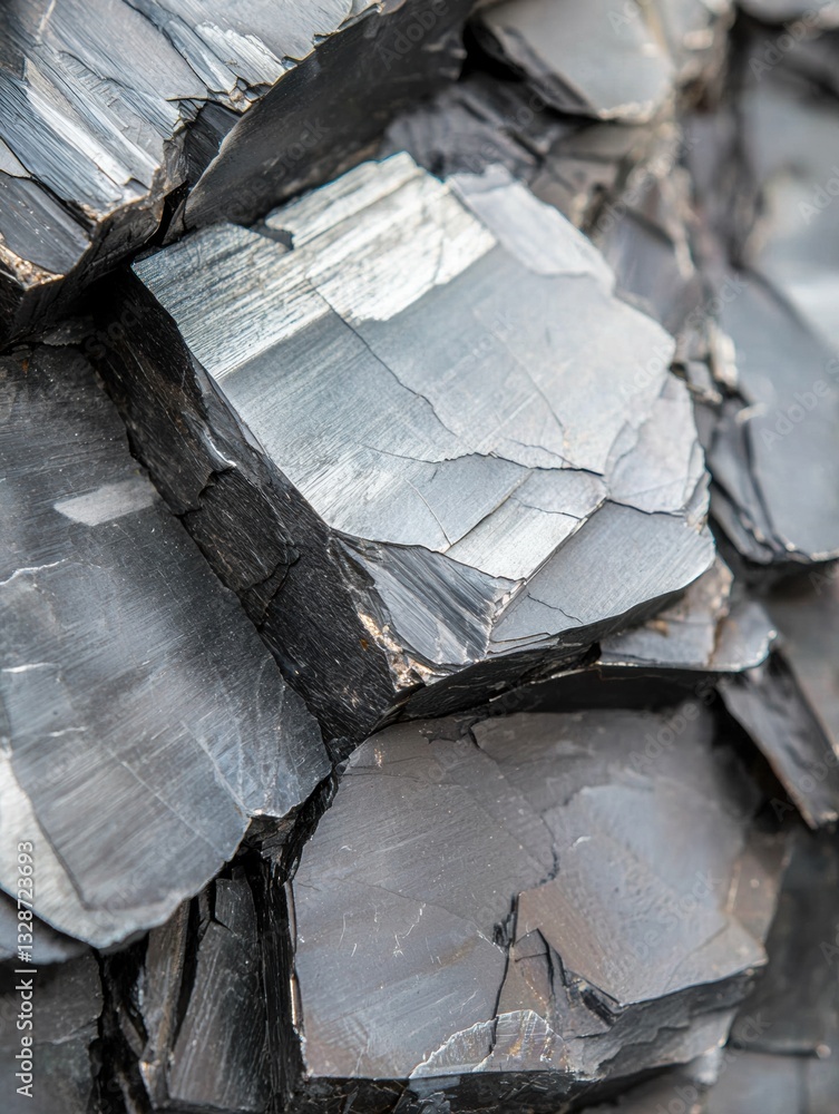 Poster Close-up of a pile of black rocks. the rocks are irregularly shaped and have a rough texture. some of the rocks have a metallic sheen, while others have a matte finish.