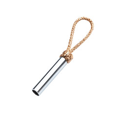 A beautifully crafted metallic whistle with a braided rope, suspended elegantly against a deep black background, emphasizing its shiny surface and intricate design features.
