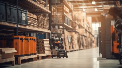 Naklejka premium Packed shelves and equipment standing in a large warehouse or depot 