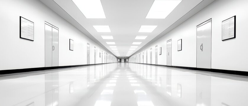 Empty School Hallway Featuring Minimalist Artwork and Motivational Posters