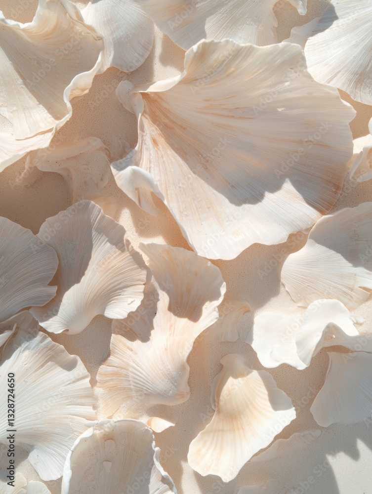 Poster close-up of a group of white scallop shells scattered on a sandy surface. the shells are of differen