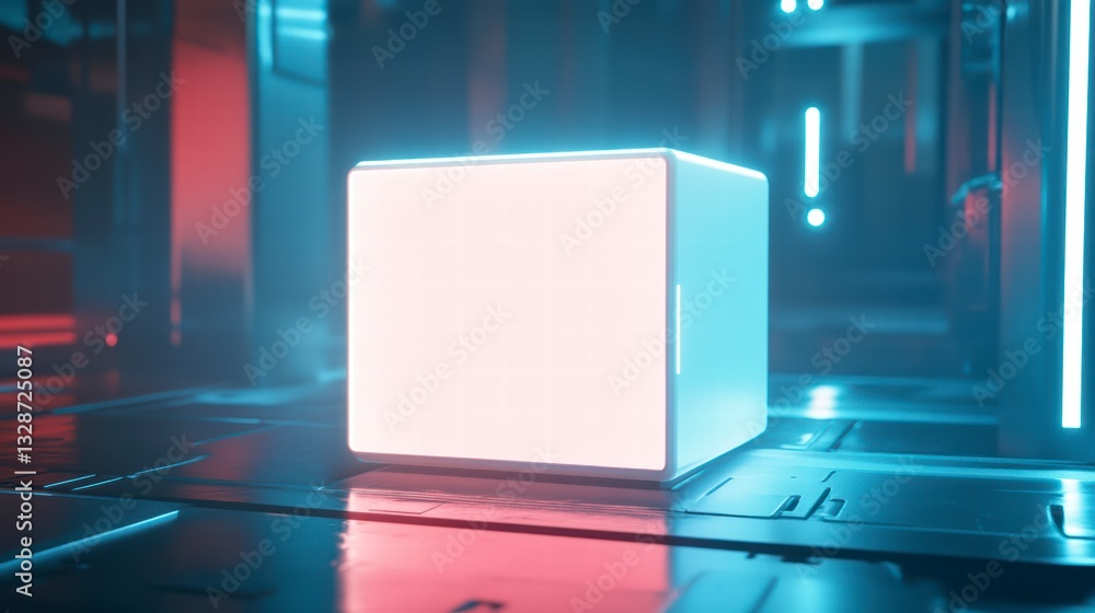 Poster illuminated cube in tech: a glowing cube stands as a focal point in a futuristic technological envir