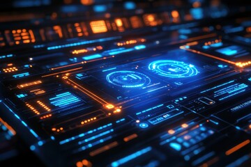 Futuristic Digital Interface with Glowing Elements and Data Visualization on Dark Background