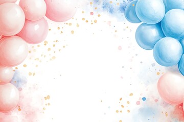 whimsical gender reveal party invitation with pastel pink and blue balloon arch shimmering confetti and delicate brush lettering on a soft watercolor background
