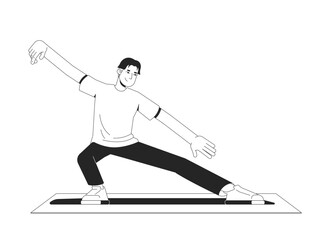 Obraz premium Asian man practicing tai chi for flexibility outline illustration. Qigong martial arts. Mindful guy stretching yoga pose on mat 2D line character isolated on white. Monochrome vector ink linear image