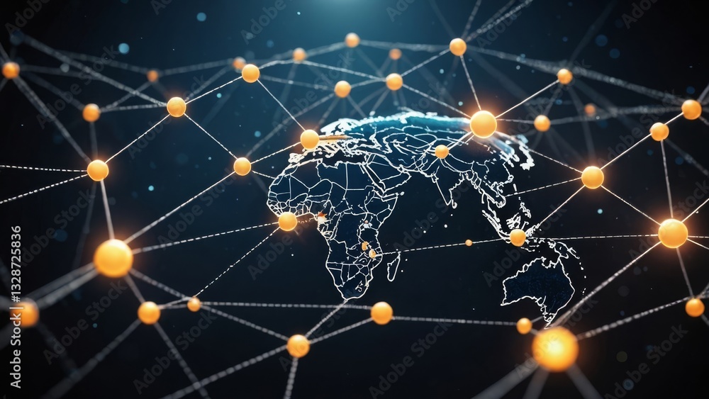Poster digital network map overlaying a globe, highlighting connections with glowing nodes