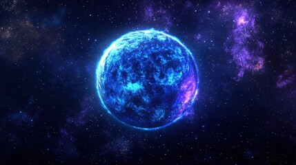 Fototapeta premium Icy Blue Exoplanet Surrounded by Distant Stars and Nebulae