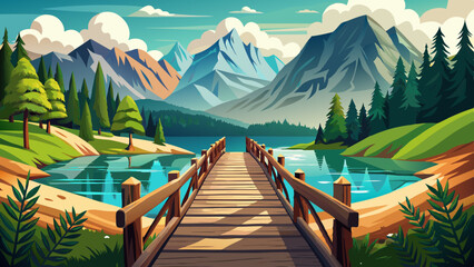 Wooden bridge over the Jasna lake. Panoramic summer view of Julian Alps, Gozd Martuljek location, Slovenia, Europe. Bright landscape of Triglav National Park. Traveling concept 