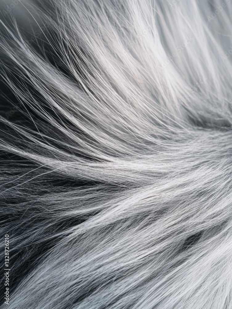 Poster close-up of a fur texture. the fur appears to be soft and fluffy, with a mix of white and gray color