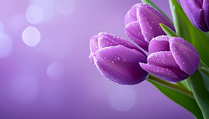 Dew-kissed purple tulips against a soft purple backdrop