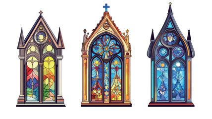 Obraz premium Digital illustration depicting three distinct stained glass window designs in a gothic architectural style. Each window showcases a different scene within its colorful, intricate framework. The