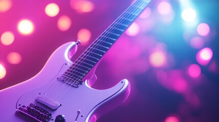 Electric Guitar's Soulful Glow: An electric guitar bathed in vibrant neon lights, with blurred bokeh effects, creates a musical atmosphere, a symphony of sound.