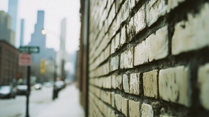 A close up image of a brick wall and cityscape background