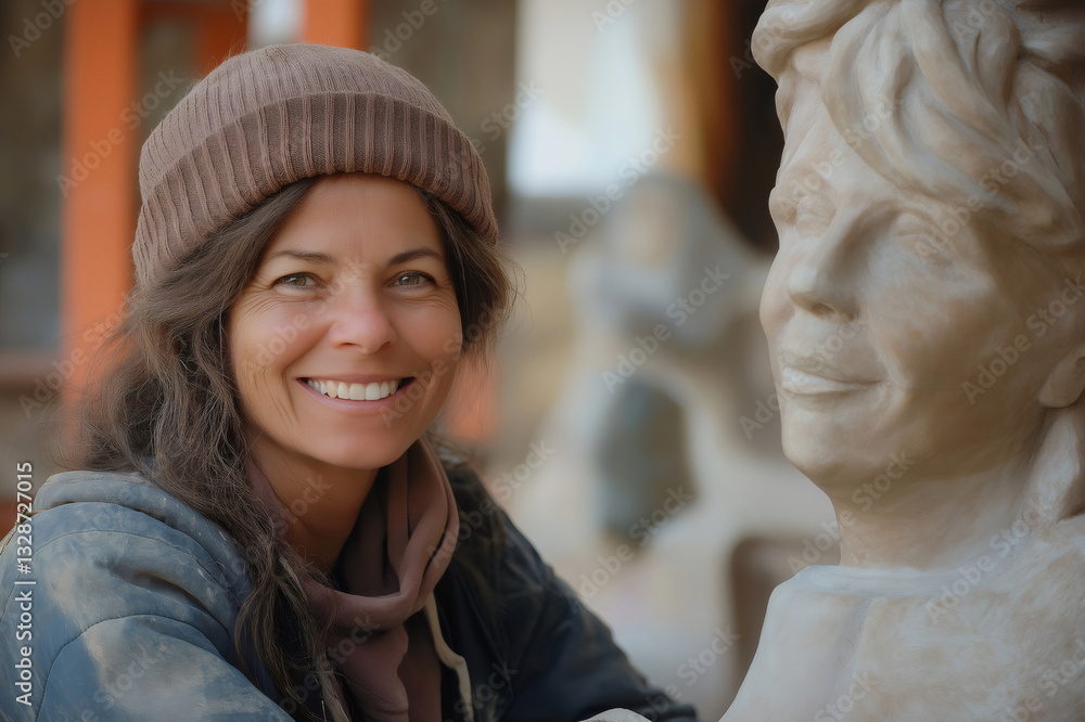 Poster sculptor beams with satisfaction while skillfully shaping a clay bust, showcasing creativity and cra