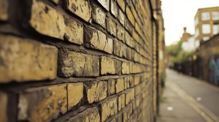 The brick wall alongside a street is in soft focus