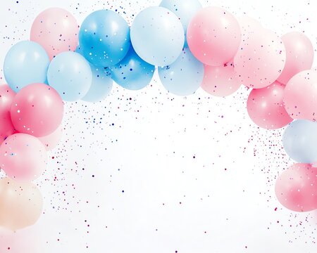 whimsical gender reveal party invitation with pastel pink and blue balloon arch shimmering confetti and delicate brush lettering on a soft watercolor background