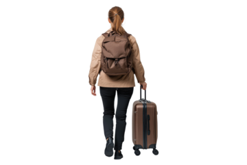 Woman in beige jacket with backpack walking with suitcase, isolated on transparent background