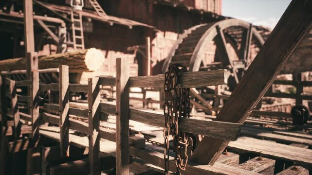 The setting features an aged water mill with intricate wooden structures, water wheels, and tools, all surrounded by rocky terrain under a clear sky.