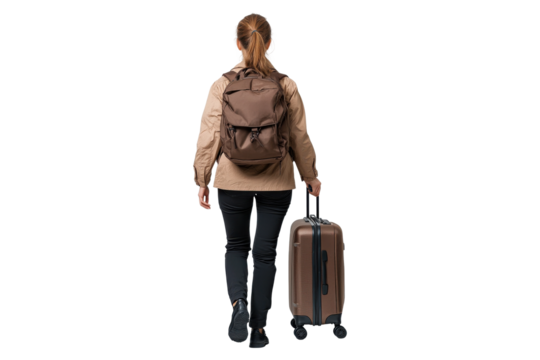 Woman in beige jacket with backpack walking with suitcase, isolated on transparent background