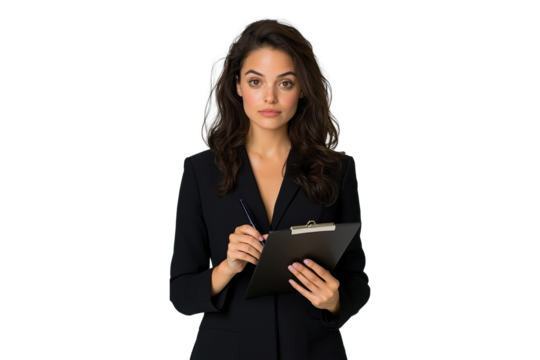 Serious businesswoman holding clipboard, isolated on transparent background