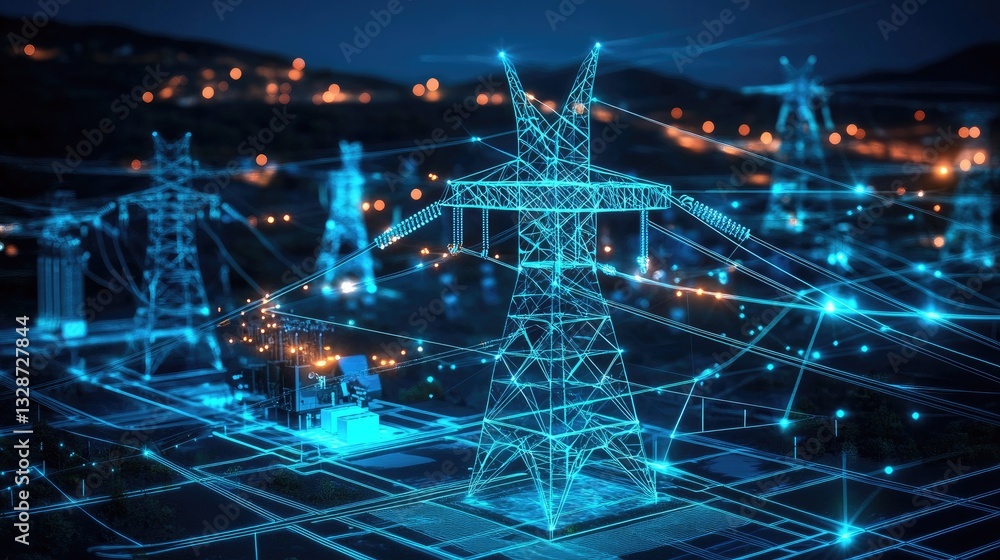 Poster a futuristic electric power plant integrating smart ai-driven clean energy solutions with interactiv
