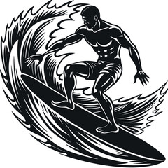 silhouette of the surfer on an ocean wave in style grunge