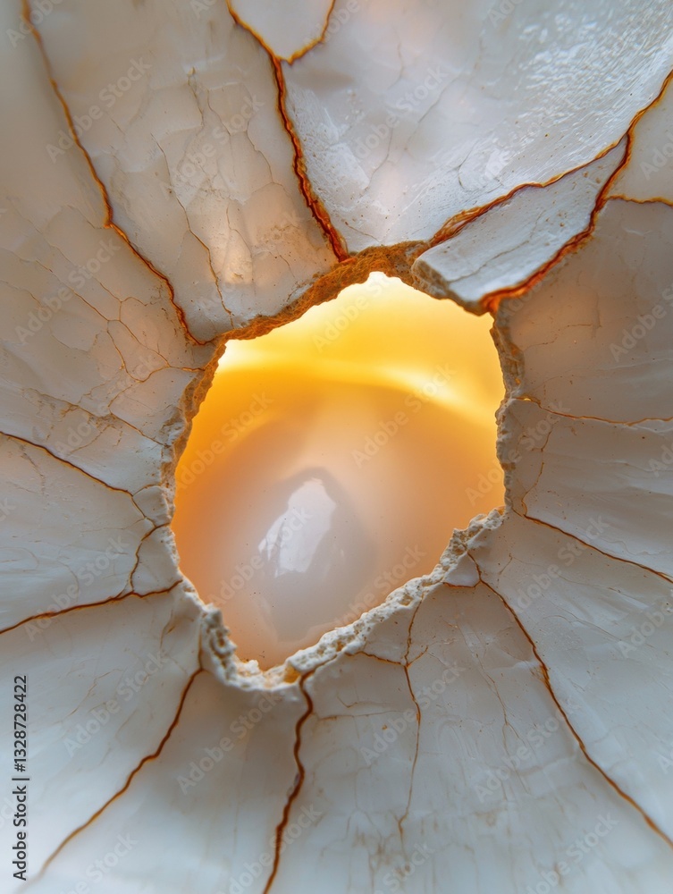 Poster close-up of a cracked and peeling shell. the shell appears to be white and has a rough texture. in t