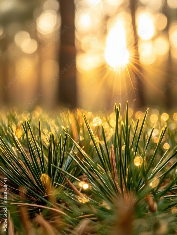 Aufkleber close-up of a pine tree branch with the sun shining through it. the sun is shining brightly in the t