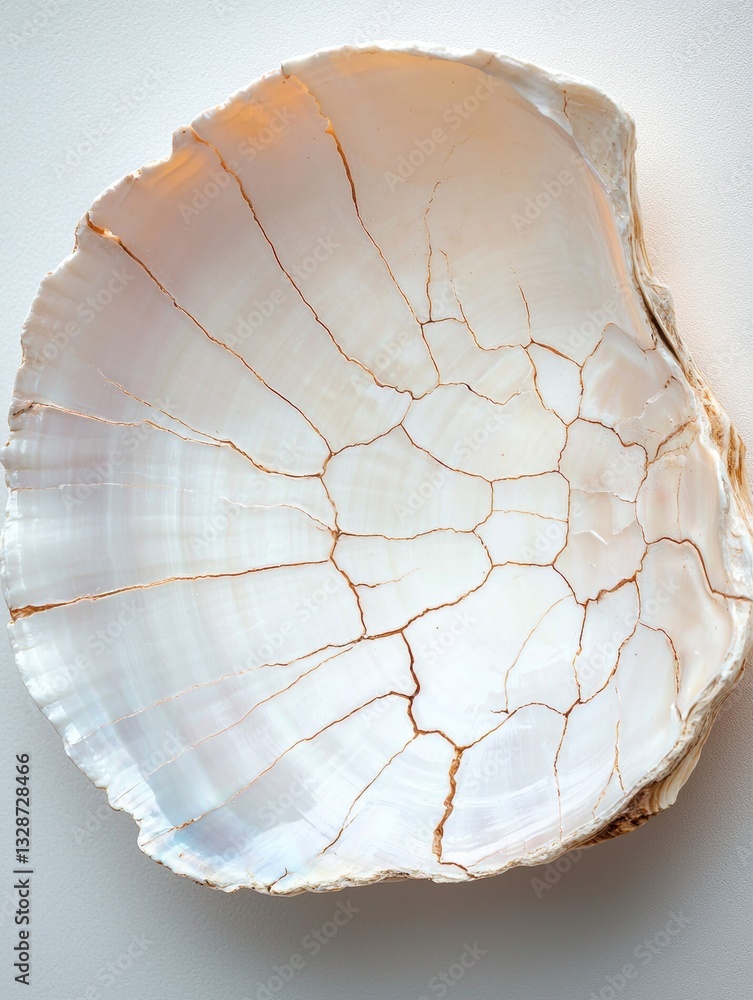 Poster close-up of a scallop shell. the shell is oval-shaped and has a light pinkish-white color with a rou