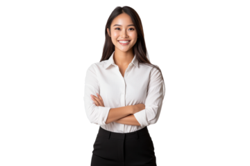 Confident young woman in formal attire, isolated on transparent background