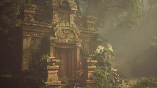 A painting depicting a stone structure hidden within a dense forest, showcasing the forgotten temple of the Incas.