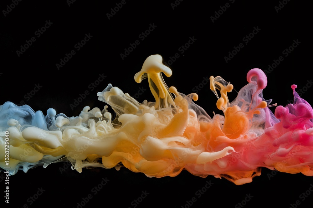 Poster colorful ink mixing in water creating dynamic shapes against a black background, resulting in a mesm