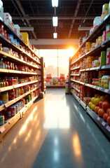 Supermarket aisle with fully stocked shelves. Shopping, consumerism, and grocery retail. Defocus.