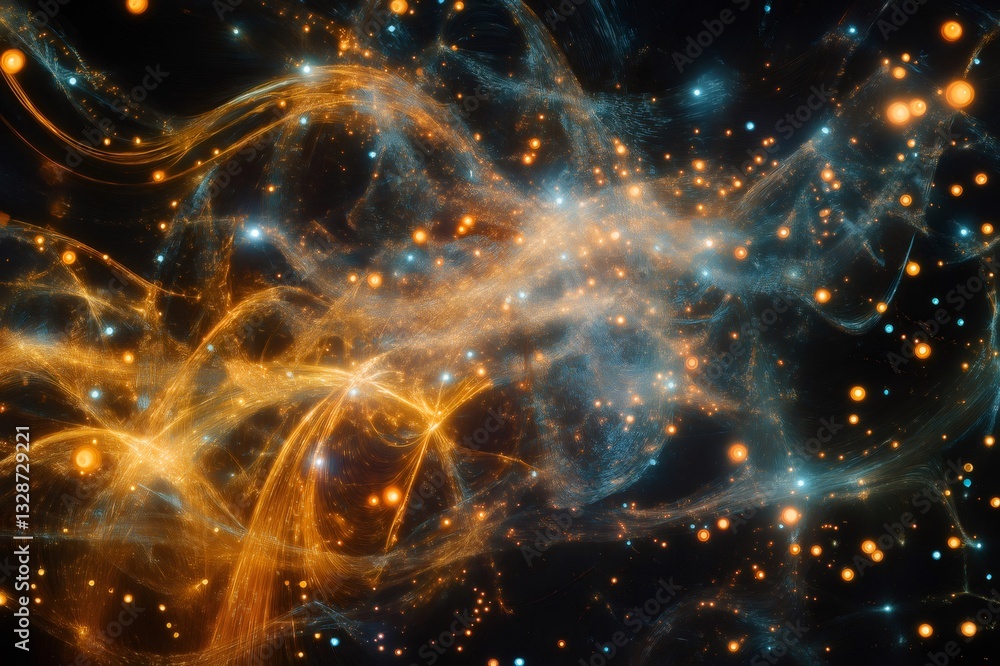 Poster abstract representation of a nebula with golden and blue lights, creating a mesmerizing cosmic scene