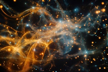 Obraz premium Abstract representation of a nebula with golden and blue lights, creating a mesmerizing cosmic scene
