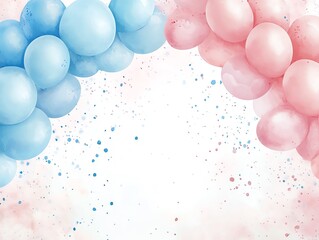 whimsical gender reveal party invitation with pastel pink and blue balloon arch shimmering confetti and delicate brush lettering on a soft watercolor background