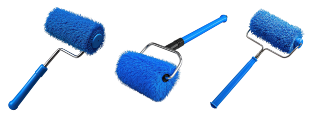 Set of blue fluffy paint rollers isolated on transparent background