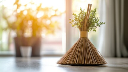 A decorated broom rests in front of a sunny window scene