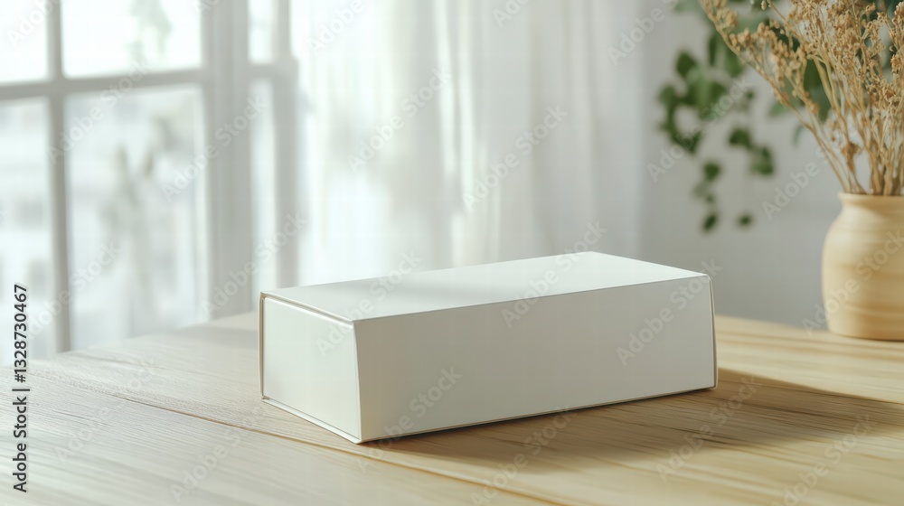 Poster box on a wooden table: a pristine, rectangular box sits on a wooden table with light in the room