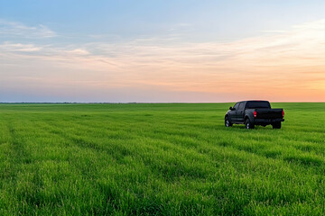 Black pickup truck parked in a vast green field at sunset