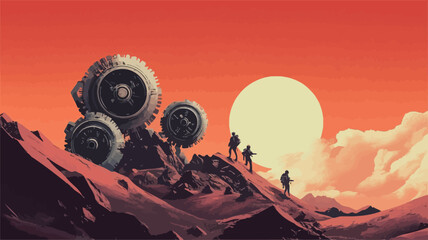 The image is a stylized digital painting or illustration depicting a desolate, desert-like landscape under a large, bright sun. The color palette is predominantly warm, with shades of red, orange,