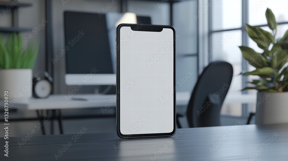 Poster mockup smartphone on desk: a sleek, modern smartphone with a blank screen sits centered on a desk, s