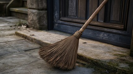 A well worn broom leaning against a wooden door frame