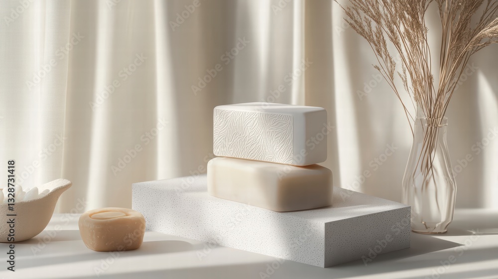 Poster serene soap display: a minimalist display showcases bars of soap, offering a sense of calm and purit