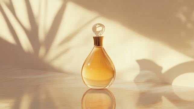 Golden Essence: An elegant perfume bottle casts a shadow, creating a minimalist and aesthetic scene, with soft sunlight, perfect for capturing the essence of luxury, beauty, and fragrance.