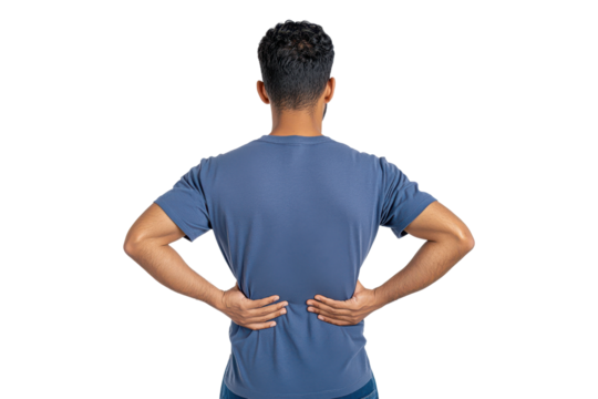 Man with back pain holding lower back isolated on transparent background
