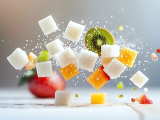 Sugar cubes transforming into fresh fruit